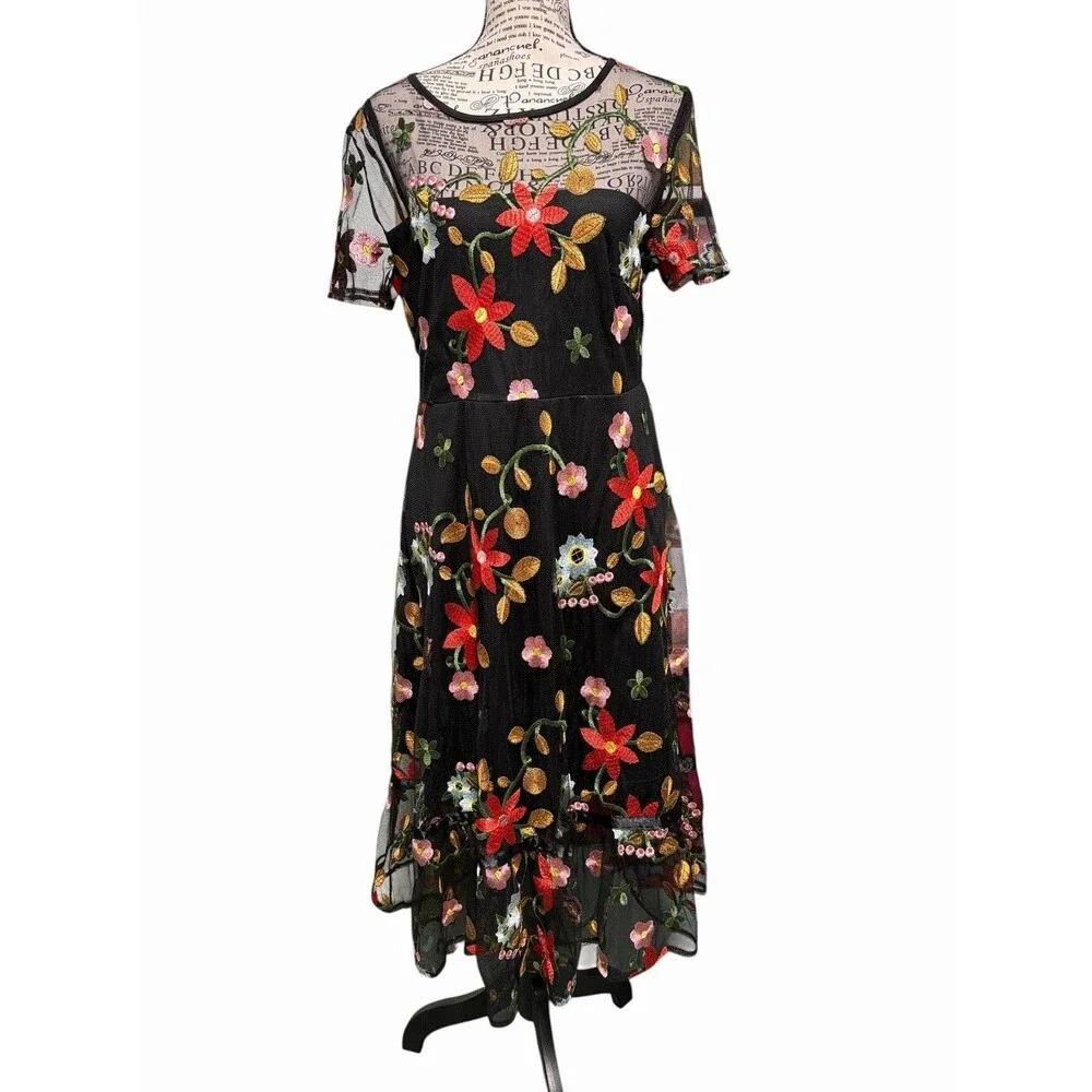 Unbranded Women’s Dress Sheer Overlay Embroidered Floral Dress Size Large Gothic - Picture 1 of 8